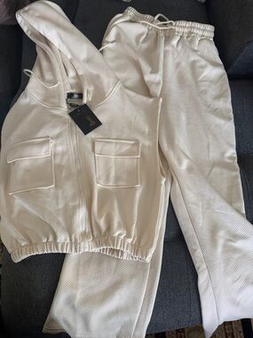 Women's Cream Ribbed Hoodie & Jogger Set